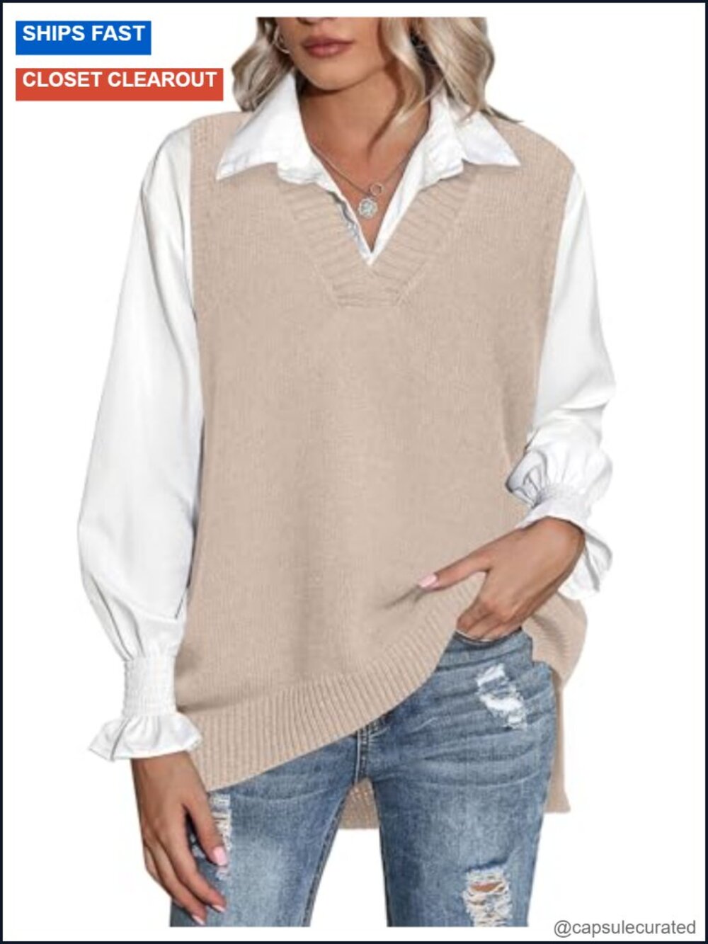 Sleeveless V-Neck Oversized Knit Sweater Vest for Women Fall